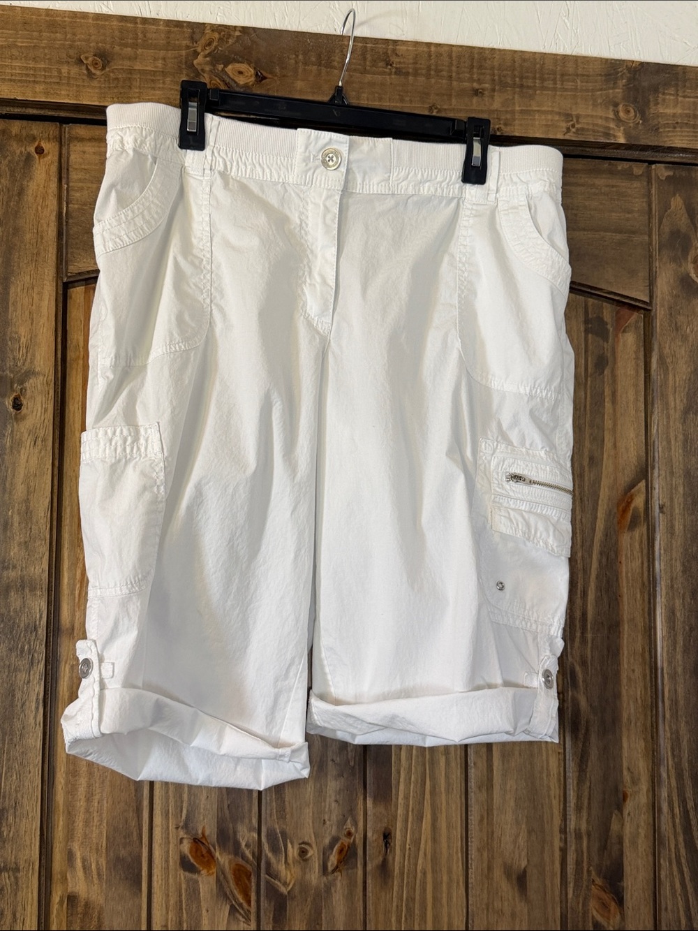Chico's White Cargo Roll-Cuff Bermuda Shorts